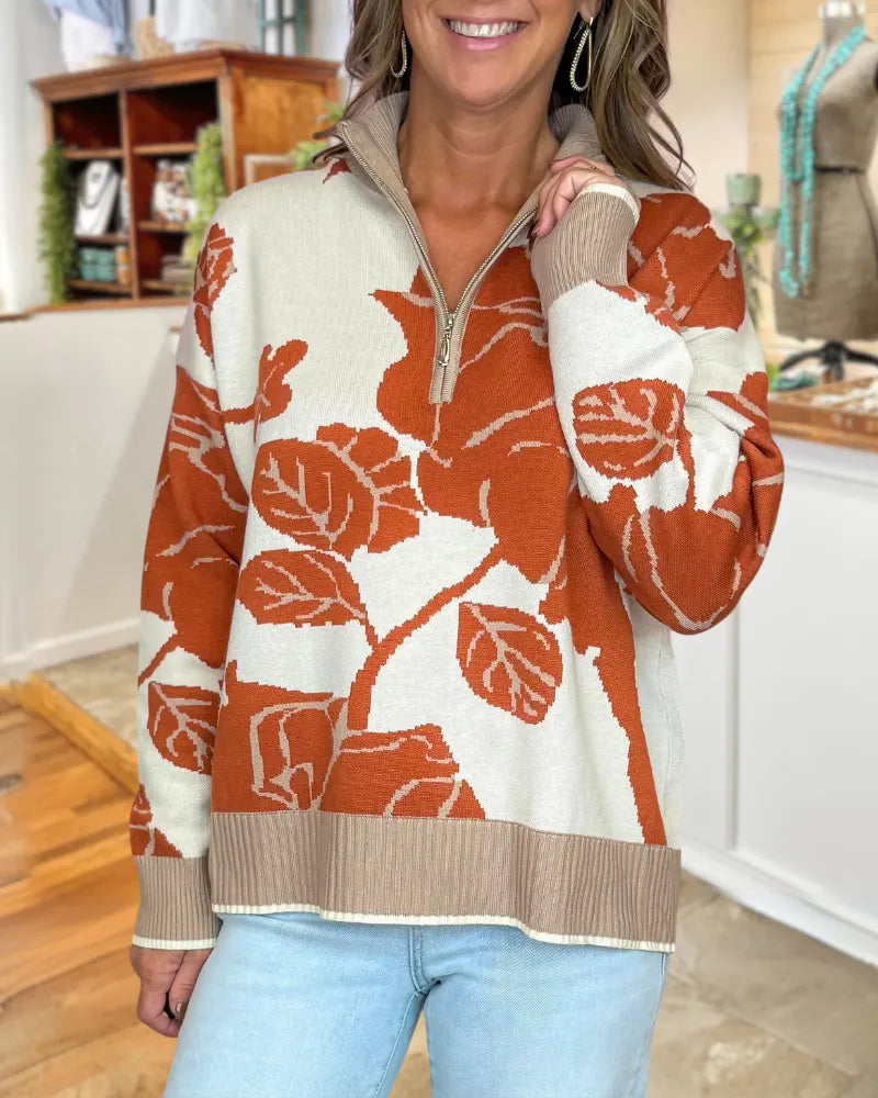 Quarter-zip Floral Sweater