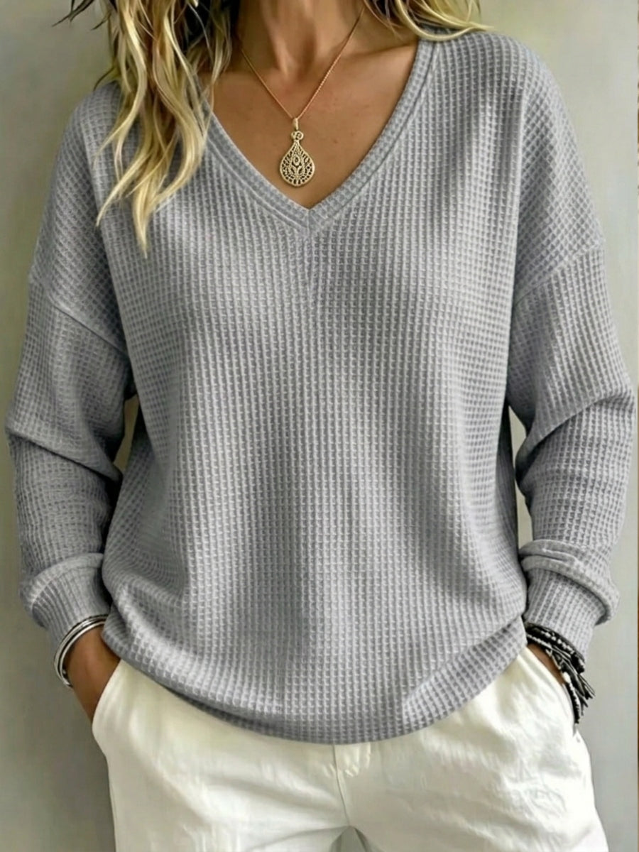 New Arrival🔥 Women's Casual V-Neck Waffle Top Sweatshirt