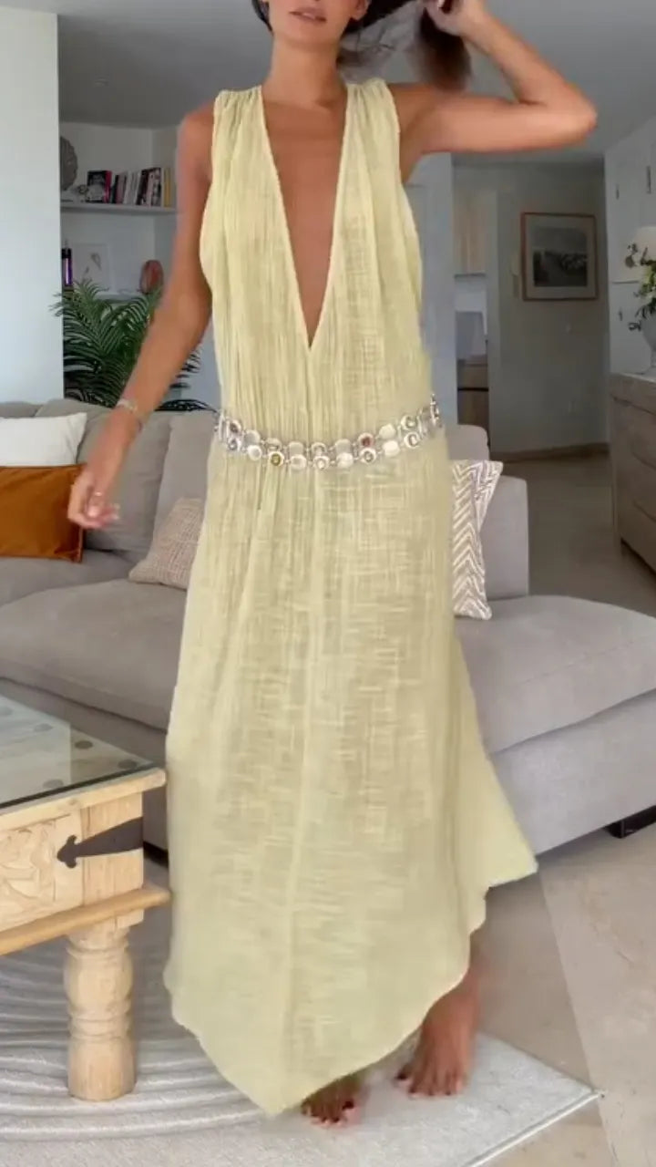 Crinkle Gauze Deep V-Neck Maxi Dress