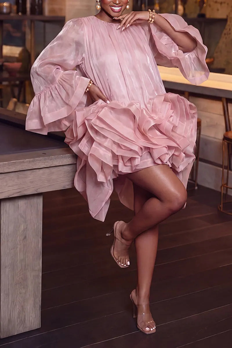 Vestido Romántico de Mujer Elegante con Manga Acampanada y Dobladillo en Capas Multi-Nivel