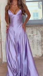 Lavender Satin V-Neck Slip Maxi Gown