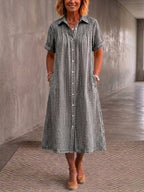 Clearacne Sale🔥 Women's Lapel Checkered Cotton Linen Shirt Dress