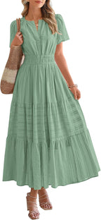 HOT SALE Womens Summer Lightweight Short Sleeve V Casual Midi Maxi Dresses