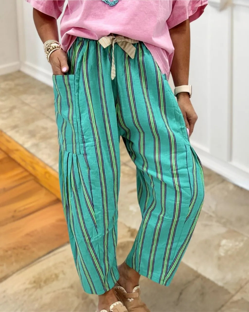 Striped Pleated Carrot Pants