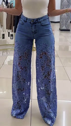 Pantalones vaqueros calados con encaje para mujer