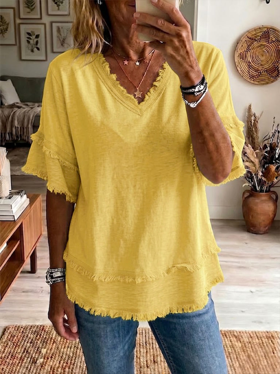 CLEARANCE SALE✨Vintage Frayed V Neck Linen Top