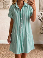 Clearance Sale🔥 Women's Cozy Lapel Classic Striped Cotton Linen Shirt Dress