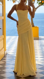 Yellow Square Neck Ruched Maxi Chiffon Gown