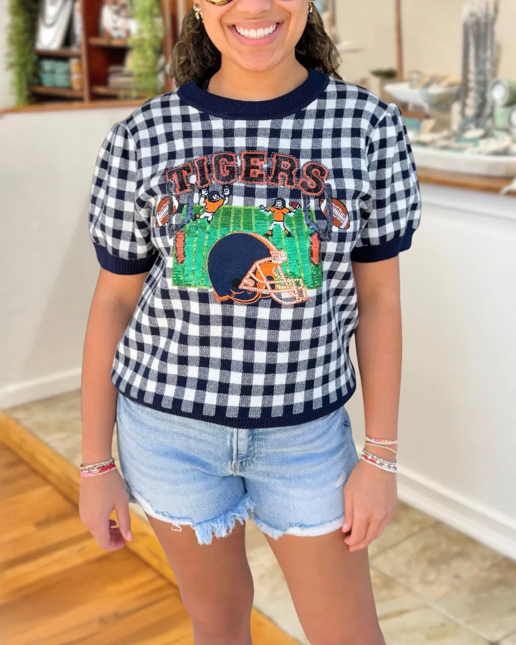 Game Day Heritage Gingham Tiger Sequin Top