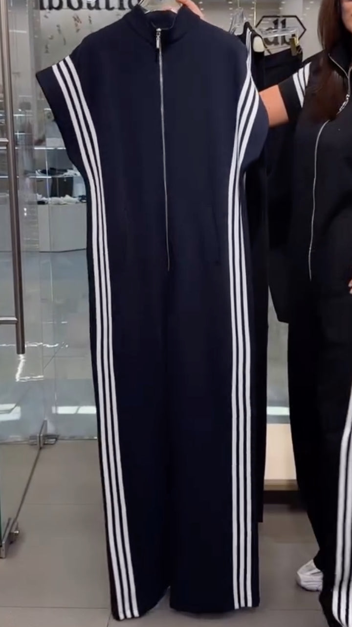 Black Stripe Side Zip-Up Jumpsuit