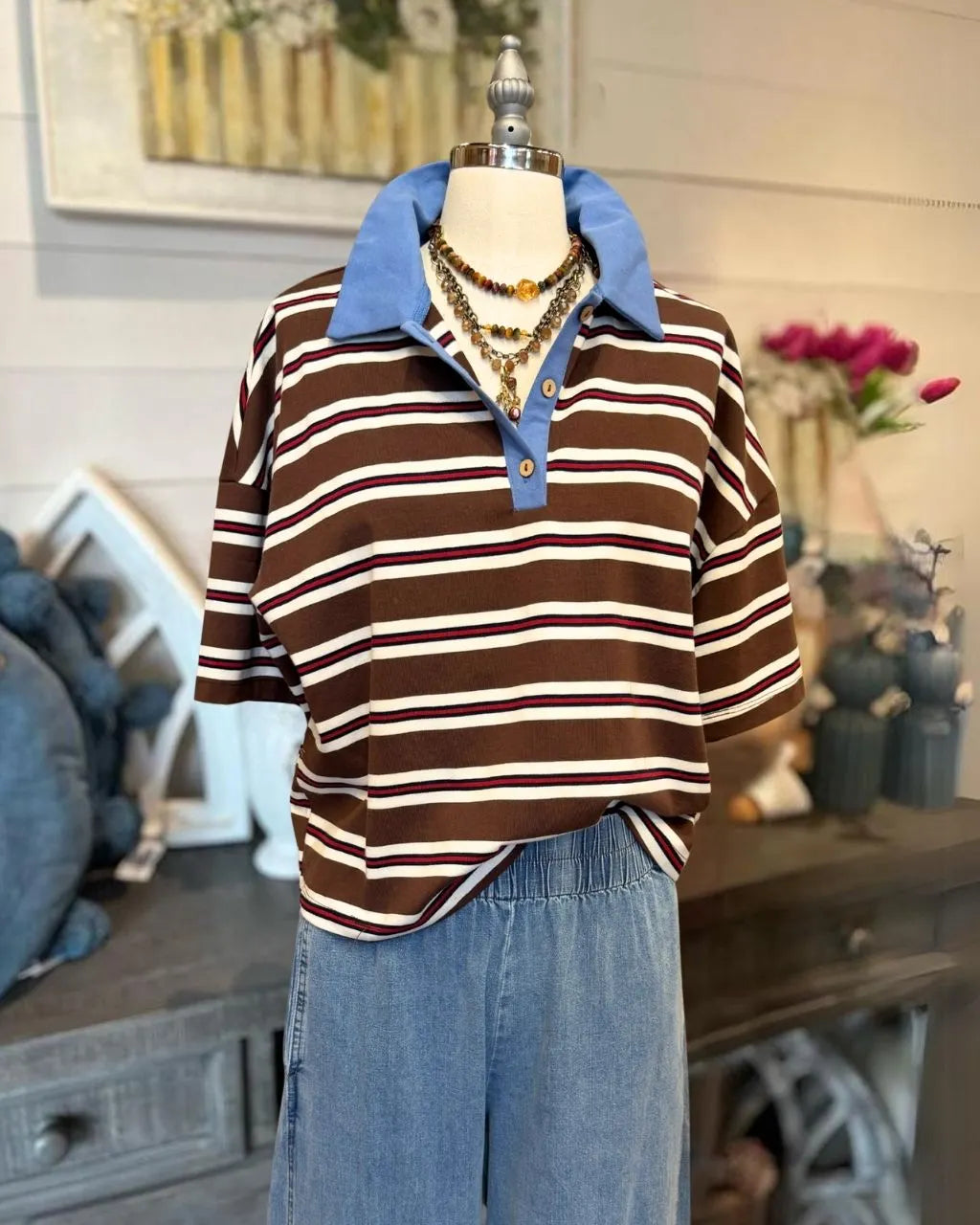 Color-blocked Polo Collar Striped Top