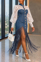 Women's Casual Lace Patchwork Puff Sleeve Fringe Hem Denim Dress