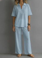 CLEARANCE SALE🔥 Women’s Casual Waffle Zipper Shirt and Wide-leg Pants Set