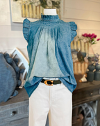 Ruffle Button Denim Top