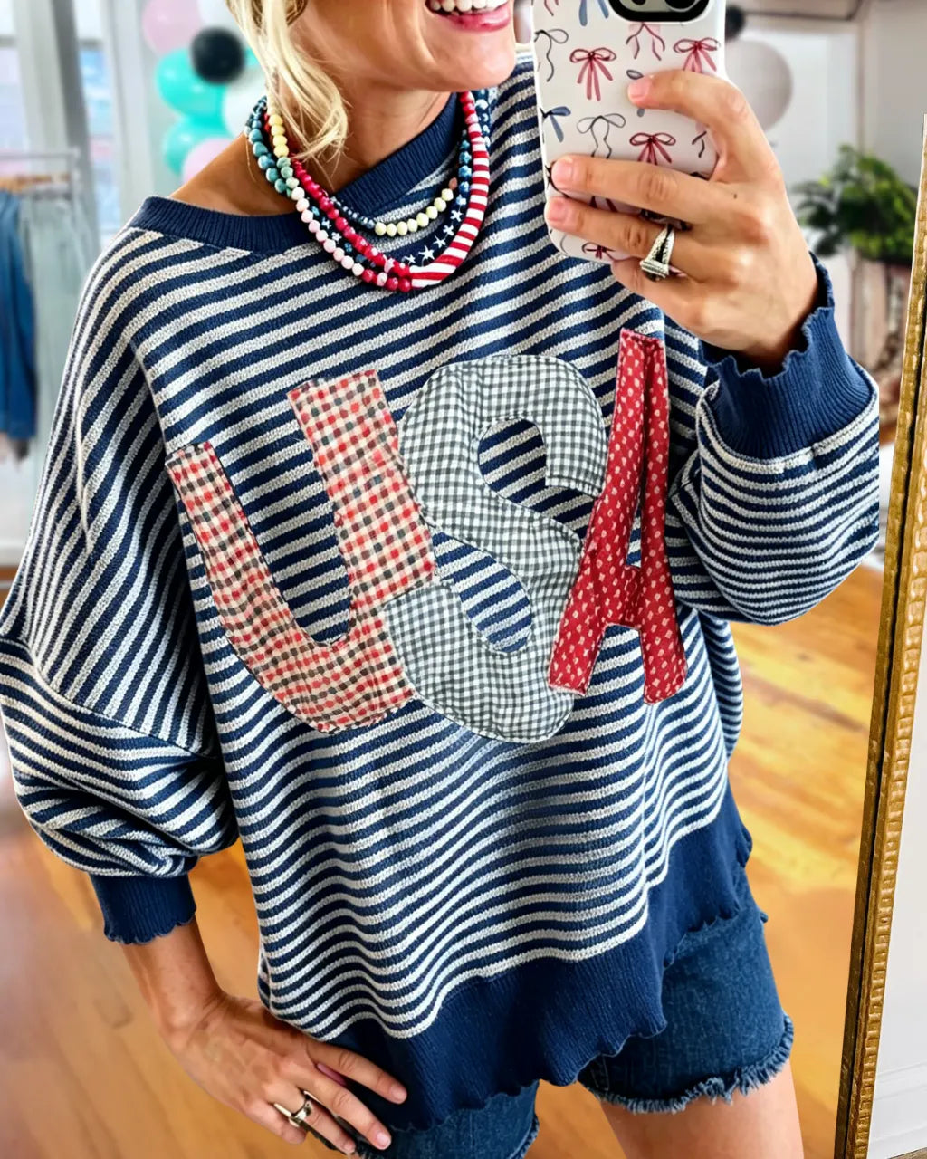 USA Plaid Patch Striped Sweatshirt