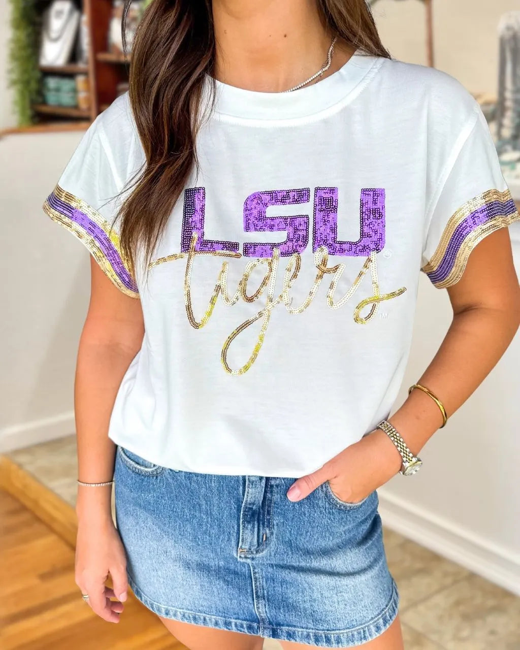 Tigers Striped Trim Sequin T-shirt
