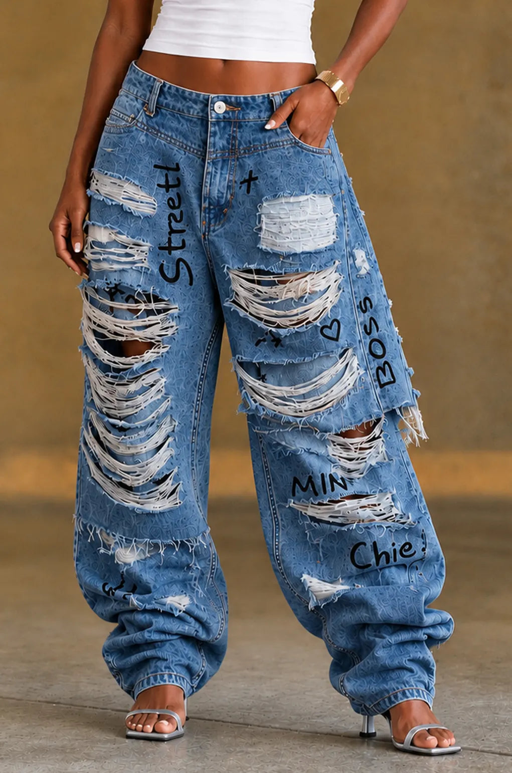 Women’s Y2K Heavy-Detailed Rhinestone Faux Two-Piece Jeans