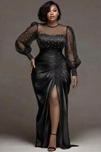 Pearl Beaded Satin Mermaid Evening Gown