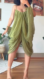 Green Draped Spaghetti Strap Midi Dress