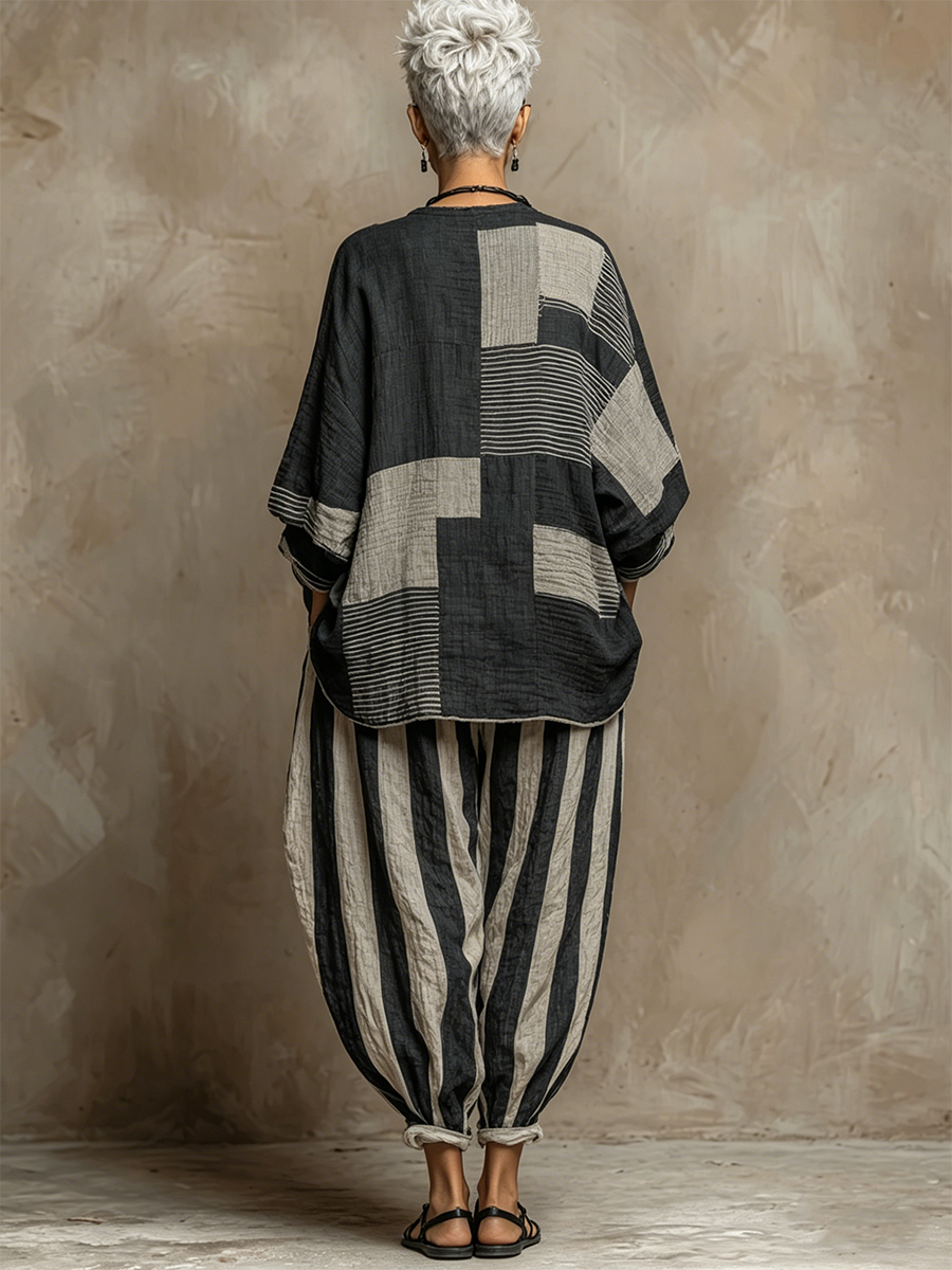 Casual Color-Block Printed Crewneck Loose-Fit Long-Sleeve Top And Pants Set
