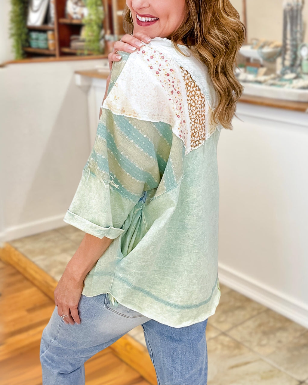 Playful Mixed  Prints Henley Top