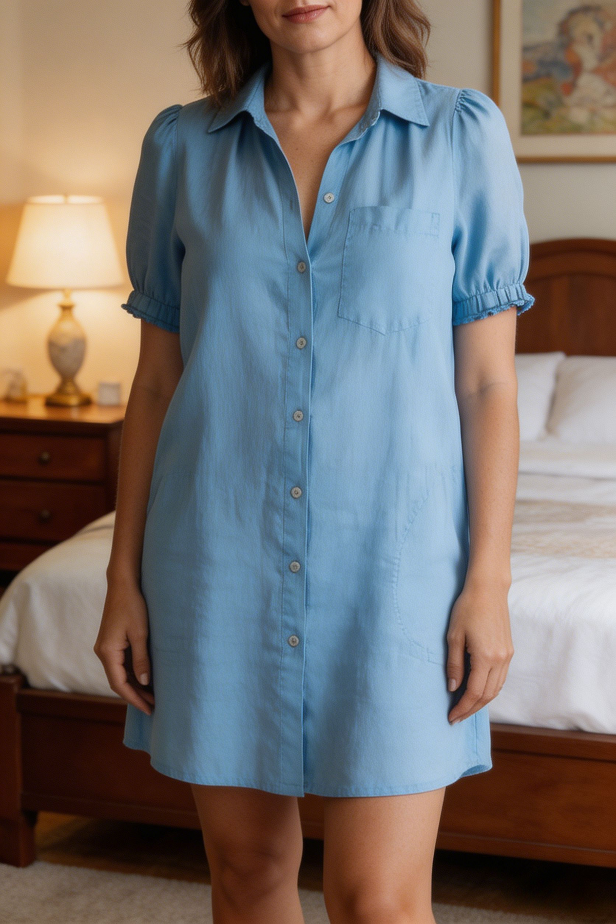 New Arrivals🔥Linen Puff Sleeve Mini Shirtdress