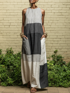 Linen-Blend Color Block Striped Sleeveless Maxi Dress With Pockets