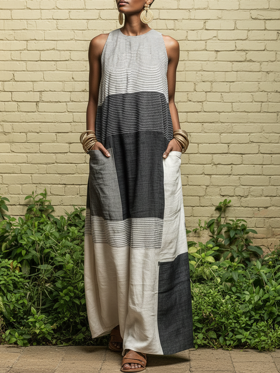Linen-Blend Color Block Striped Sleeveless Maxi Dress With Pockets