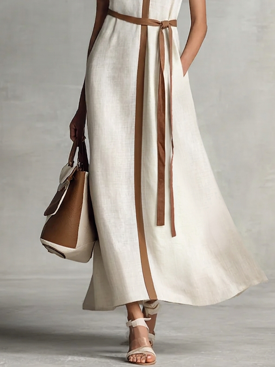 Sleeveless V-Neck Tie-Waist Cotton Linen Maxi Dress