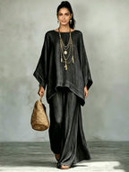 Denim Batwing Asymmetrical Top & Wide Leg Pants Set