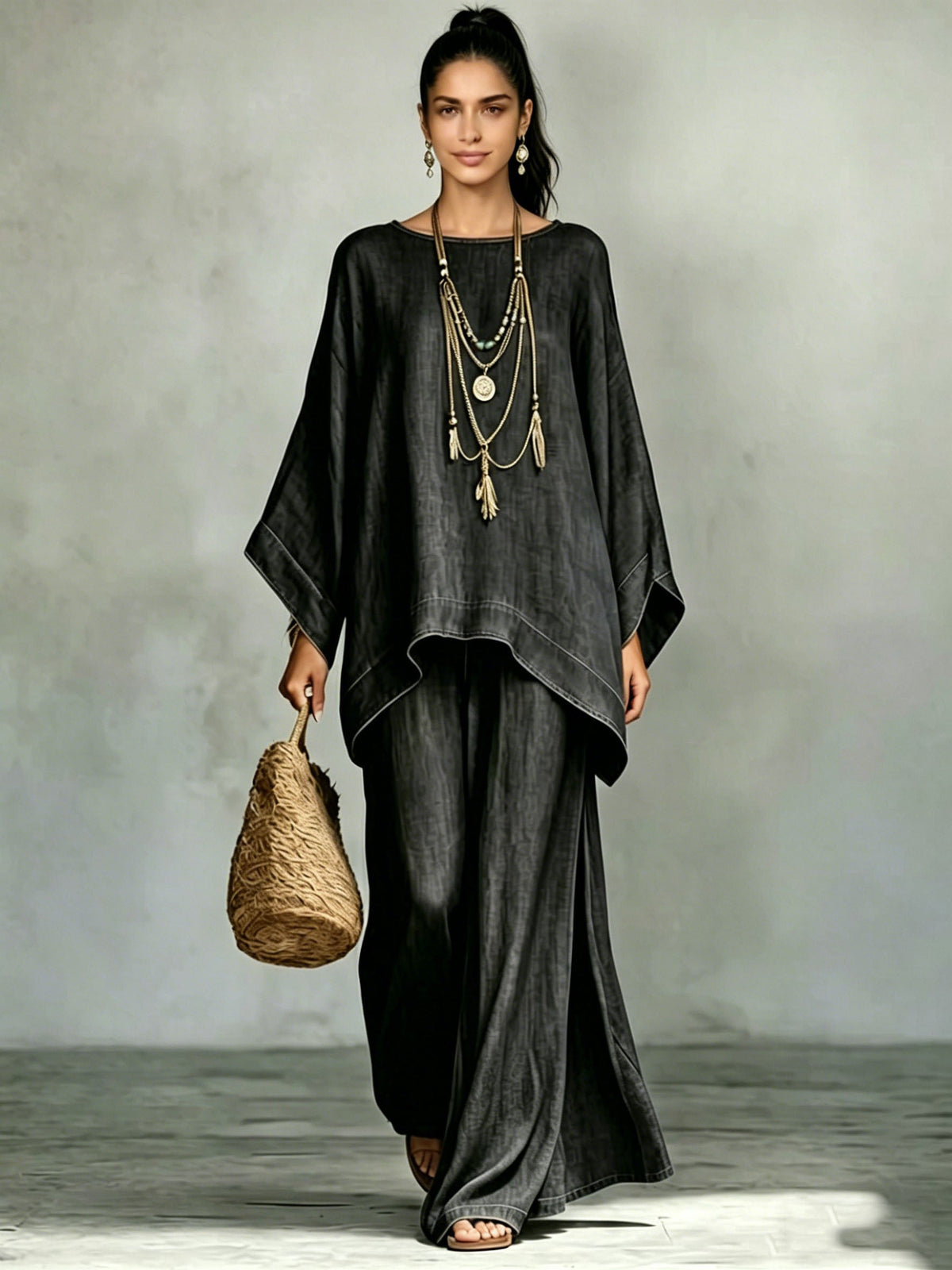 Denim Batwing Asymmetrical Top & Wide Leg Pants Set