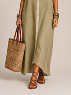 Linen-Blend Short-Sleeve Shirt Maxi Dress