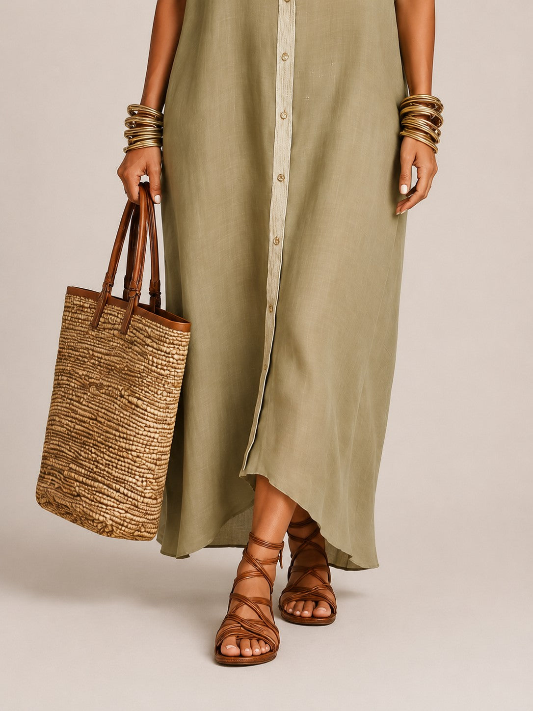 Linen-Blend Short-Sleeve Shirt Maxi Dress