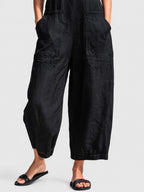 Black Linen-Blend Stand Collar Sleeveless Jumpsuit
