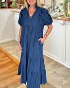 Puff Sleeve Denim V-neck Dress