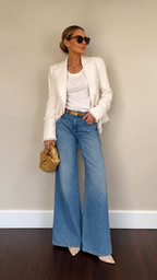 White Tweed Blazer & Wide-Leg Denim Outfit