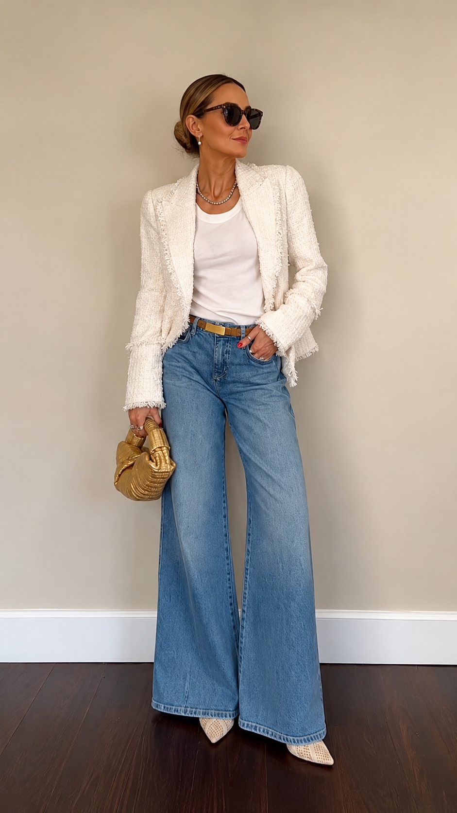 White Tweed Blazer & Wide-Leg Denim Outfit