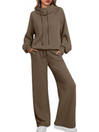 🎄Christmas Sale🔥 Women's Oversized Two-Piece Round Neck Drawstring Sweatshirt Wide Leg Sweatpants Casual Suit