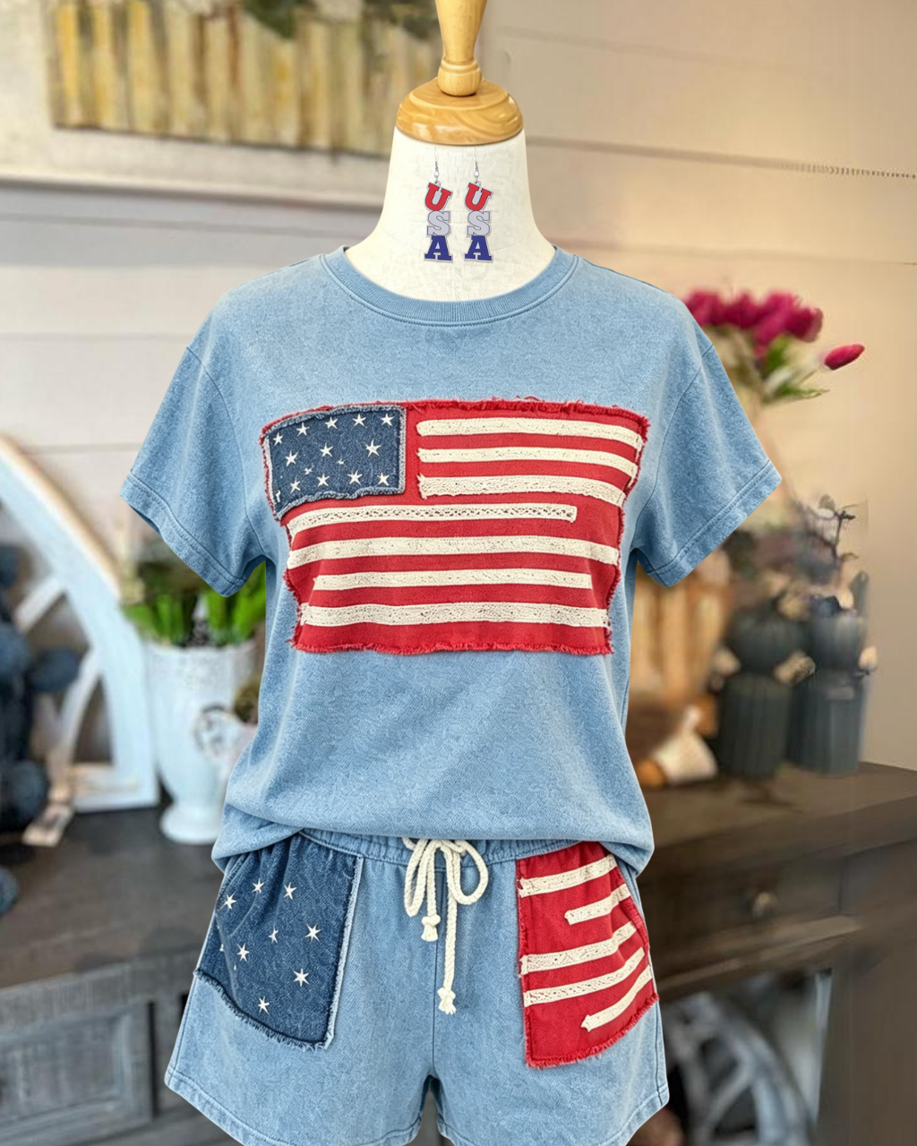 Flag Embroidered Shorts Set