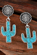 Women's Western Retro Turquoise Cactus Flower Pendant Earrings