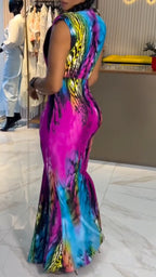Colorful Tie-Dye Deep V Twist Maxi Dress
