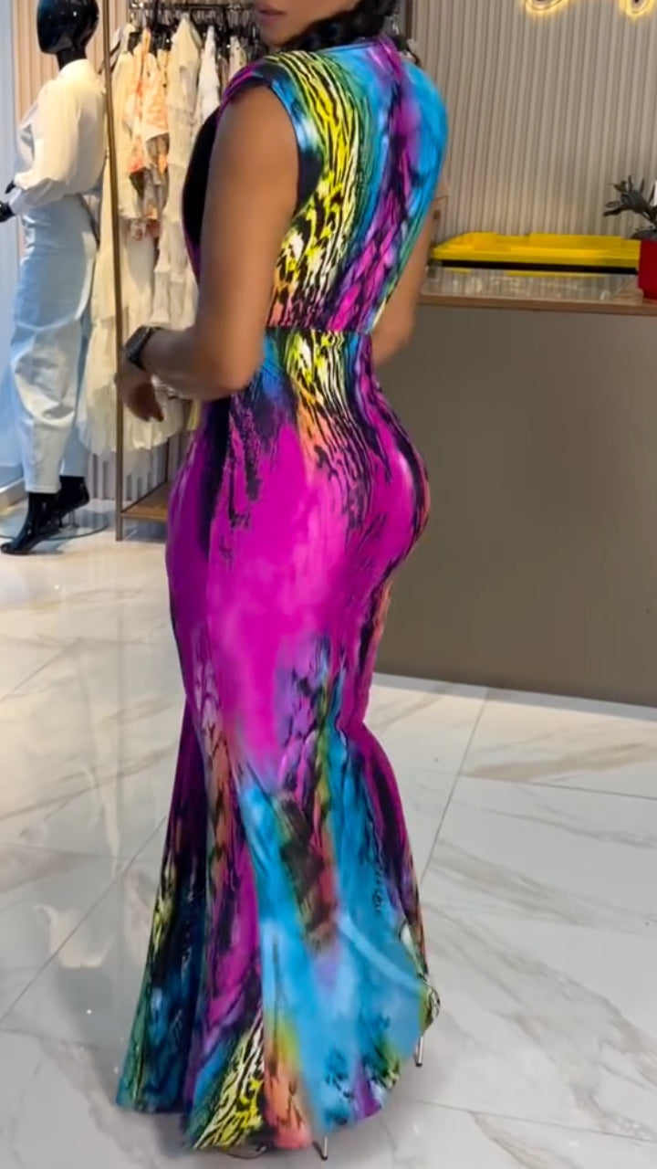 Colorful Tie-Dye Deep V Twist Maxi Dress