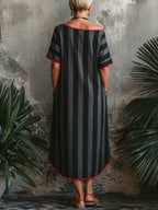 Women's Striped Print Round-neck Short-sleeve Casual Loose Cotton-linen Dress