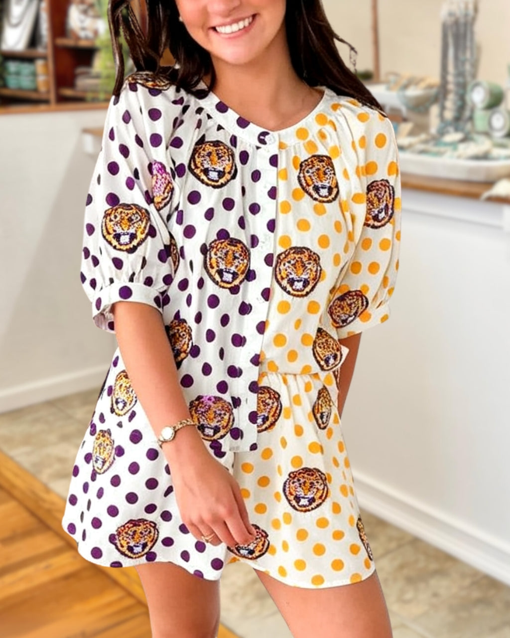 Full Shine Tiger Sequin Polka Dot Top