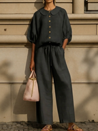 New Arrivals🔥Stylish Peter Pan Collar Shirt And Wide-leg Pant Linen Two-piece Set