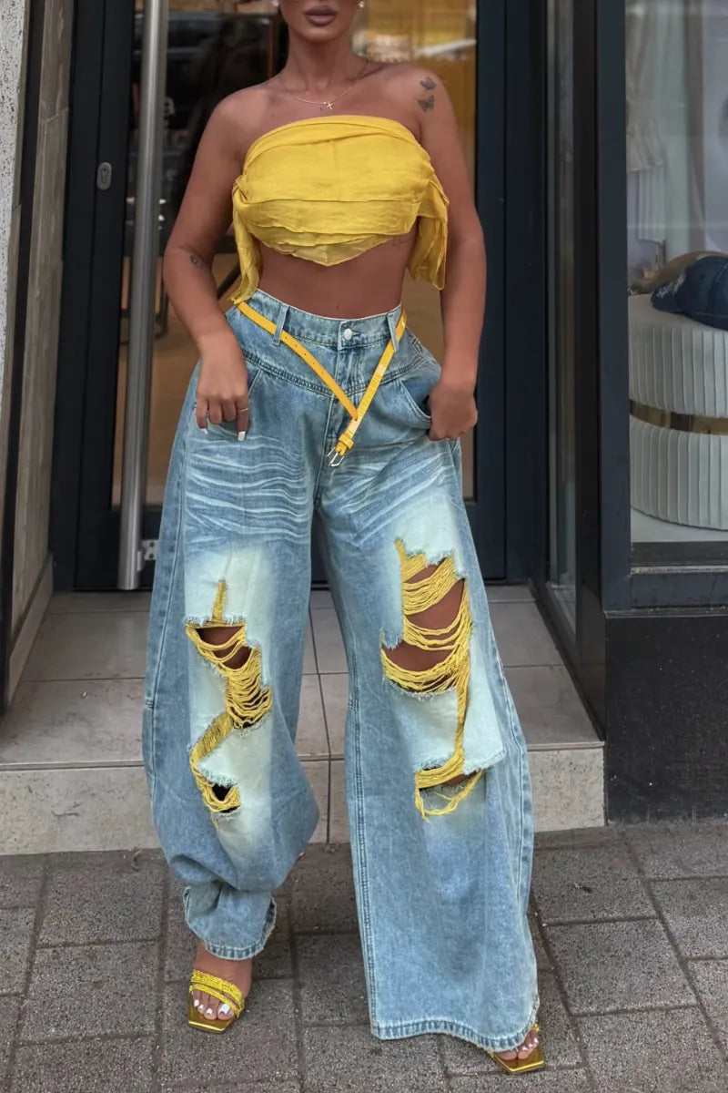 Acid Wash Yellow-Thread Ripped Baggy Jeans