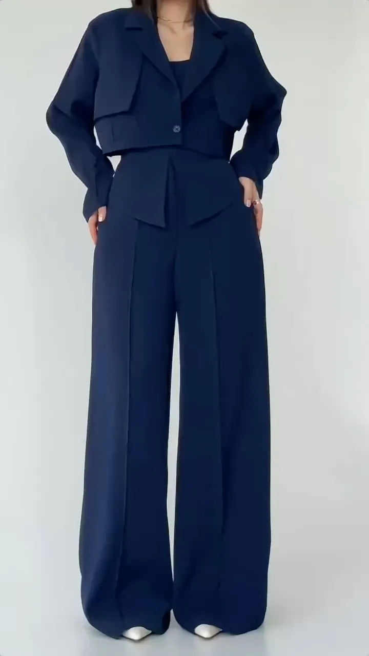 Taupe Cropped Blazer Two-Piece Pants Set