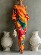 One-Shoulder Abstract Print Maxi Dress