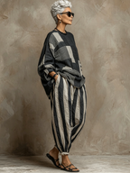 Casual Color-Block Printed Crewneck Loose-Fit Long-Sleeve Top And Pants Set