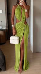 Green Halter Cutout Slit Maxi Dress